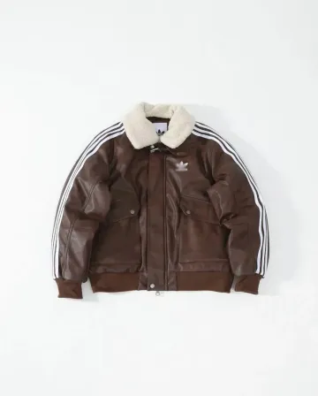 Adidas Three Stripes Brown Leather Bomber Jacket