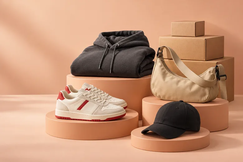 Illustrated unbranded clothing, shoes, a bag and parcel boxes on peach display stands